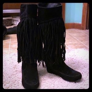 Black fringey moccasin knee high boot